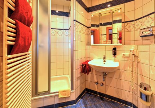 Waschbecken, Dusche und Heizung mit Handtüchern im Bad