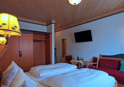 Blick aus dem Zimmer auf das Bett, Fernseher, Schrank und die Sitzmöglichkeiten